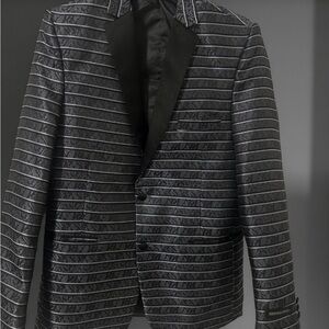 Gray and Dark Blue and Black Blazer with Horizontal Stripes